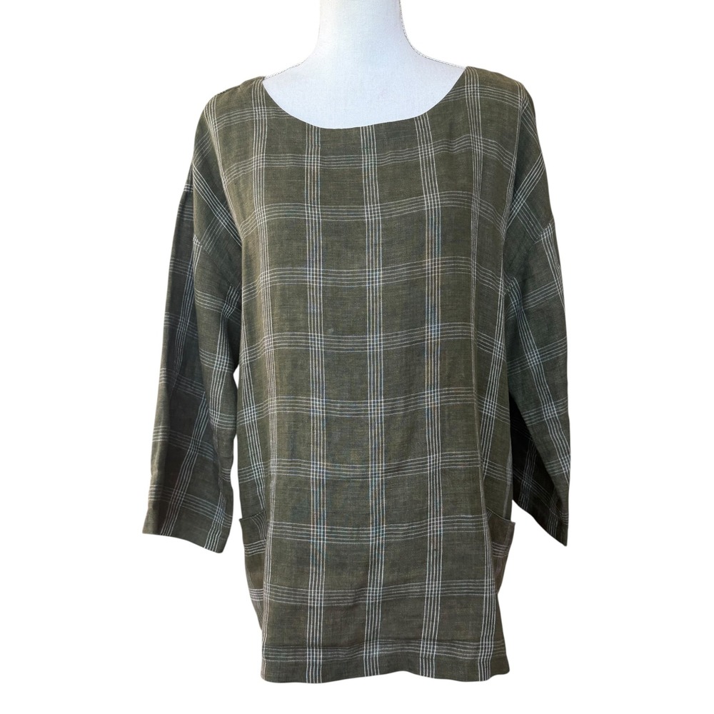 Eileen Fisher Women Olive Green Plaid 100% Organic Linen Tunic Top Small Pockets